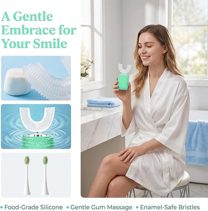 Sonic Electric U Shaped Toothbrush for Adults, Automatic Full Mouth Cleaning Toothbrush, 360° Stain Removal, IPX7 Waterproof Rechargeable, 3 U-Shape & 2 Straight Brush Heads (Green-Cup)