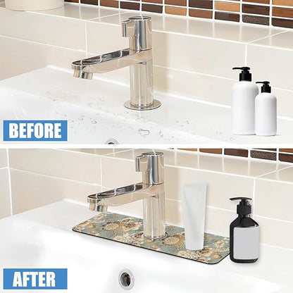 Sink Splash Guard Faucet Mat Peonies Bird and Butterflies Absorbent Fast Drying Mat Sink Gadgets Splash Guard Behind Faucet Drip Catcher for Kitchen Bathroom 15.5"X5.5"
