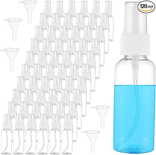 120 Pcs 1 oz Spray Bottles with 5 Funnels, Mini Clear Empty Plastic Fine Mist Travel Bottles - Leak Proof, Refillable for Essential Oils, Perfumes, Cosmetics