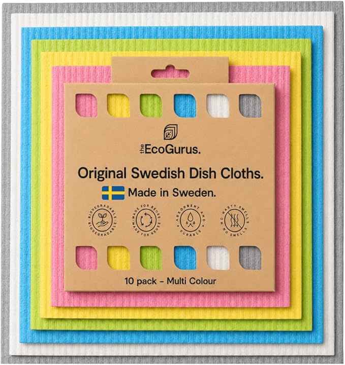 10 Pack Odour-Resistant Reusable Cleaning Cloths | Original Swedish Dishcloth | Made in Sweden | Suitable for All Surfaces | Biodegradable Cellulose Sponge | Kitchen & Bathroom | Multi-Coloured