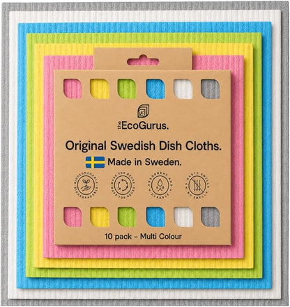 10 Pack Odour-Resistant Reusable Cleaning Cloths | Original Swedish Dishcloth | Made in Sweden | Suitable for All Surfaces | Biodegradable Cellulose Sponge | Kitchen & Bathroom | Multi-Coloured