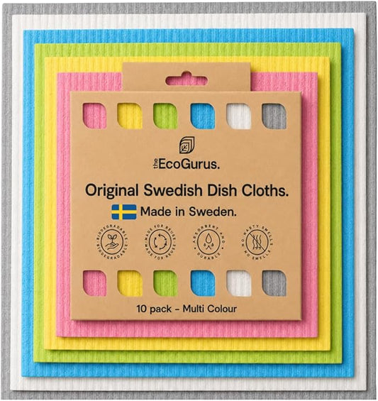 10 Pack Odour-Resistant Reusable Cleaning Cloths | Original Swedish Dishcloth | Made in Sweden | Suitable for All Surfaces | Biodegradable Cellulose Sponge | Kitchen & Bathroom | Multi-Coloured