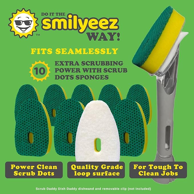 Smilyeez Green Dotted Heavy Duty Scrubbing Sponge Refill for use with The Dish Daddy (Reg. TM) Dishwand (10 Pack) – Replacement Head - Ideal for Dishwashing and Kitchen Cleaning