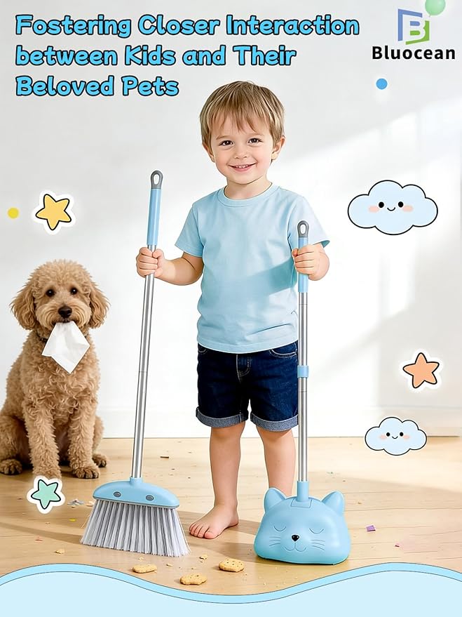 28'' Kids Mini Broom with Dustpan & Mop Set - Toddler Cleaning Toy, Toddler Household Helper, Parent-Child Interactive Play Cleaning Tool, Cute Cartoon Design, Small Safe Corner Broom (Blue)