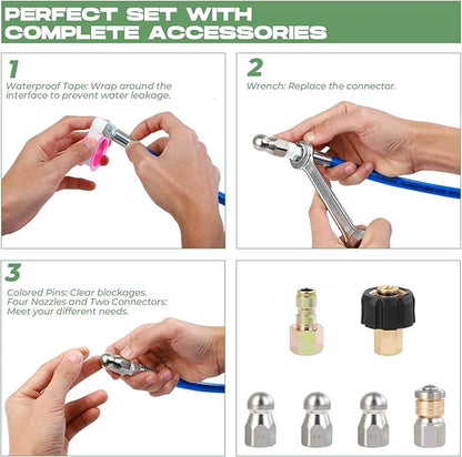 Sewer Jetter Kit for Pressure Washer 100FT, 5800 PSI Water Jet Drain Cleaner Hose 1/4 Inch NPT Corner, Rotating and Button Sewer Jetting Nozzles, Waterproof Tape, Spanners, and Pearl Corsage Pin