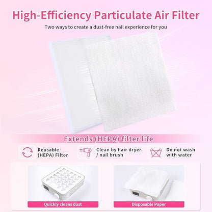 BQAN Nail Dust Collector Portable for Home & Salon - 4200RPM Vacuum with Reusable Filter, for Acrylic Drilling Dust Beginner Friendly Small Manicure Tool (White AB Rhinestones)