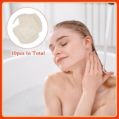 10 Pcs Soap Bags, Exfoliating Soap Saver Bags with Drawstring Reusable Natural Sisal Soap Pouch Foaming Drying for Bath and Shower(3.5x5.5 Inch)