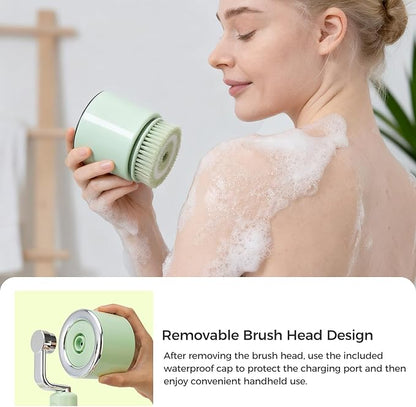 Electric Body Bath Brush for Shower, Rechargeable Body Brush with Detachable Long Handle and 5 Heads, 3 Speeds Bath Brush for Skin Care, Basic Cleaning and Massage (Sliver)