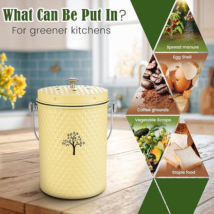 AOSION Countertop Compost Bin Kitchen,Odor Resistant Indoor Compost Bin with Lid and 50 Compost Bags,Compost Bucket Composter Container for Food Waste,Yellow,1.0 Gallon