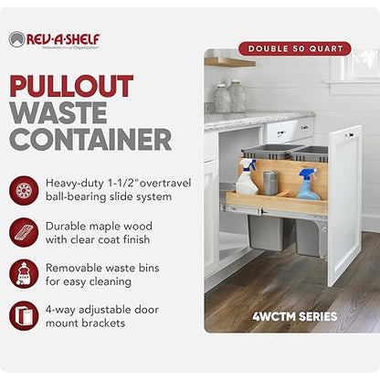 Rev-A-Shelf 50 Qt Top Mount Double Pullout Under Cabinet Kitchen Trash Cans w/Soft-Close for Full Height Cabinet, 150lb Rated Full-Extension Slides, Min Opening Width of 21", 4WCTM-2450BBSCDM-2