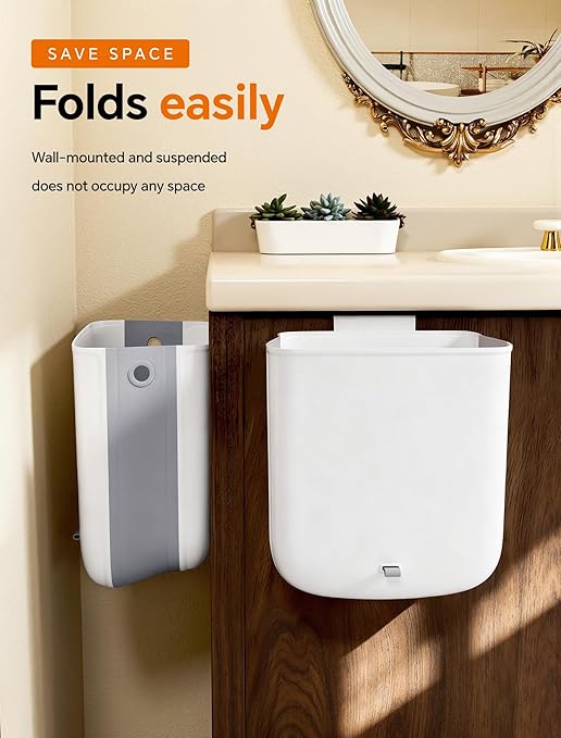 Wall Mounted Kitchen Compost Bin with Lid, Hanging Trash Can for Cabinet Door, White Plastic Food Scrap Bin for Kitchen Counter and Under Sink, 2.3 Gal Bin with 2 Pack 2 Gal Folding Hanging Trash Cans