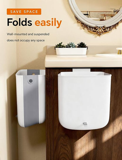Wall Mounted Kitchen Compost Bin with Lid, Hanging Trash Can for Cabinet Door, White Plastic Food Scrap Bin for Kitchen Counter and Under Sink, 2.3 Gal Bin with 2 Pack 2 Gal Folding Hanging Trash Cans