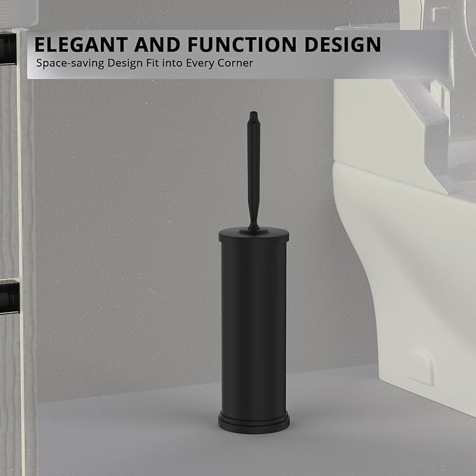 Premium 304 Stainless Steel Toilet Brush and Holder: Weighted Stable Base, Removable Inner Tube, Splash-Proof Design for 360° Thorough Cleaning & Space-Saving Storage,Black