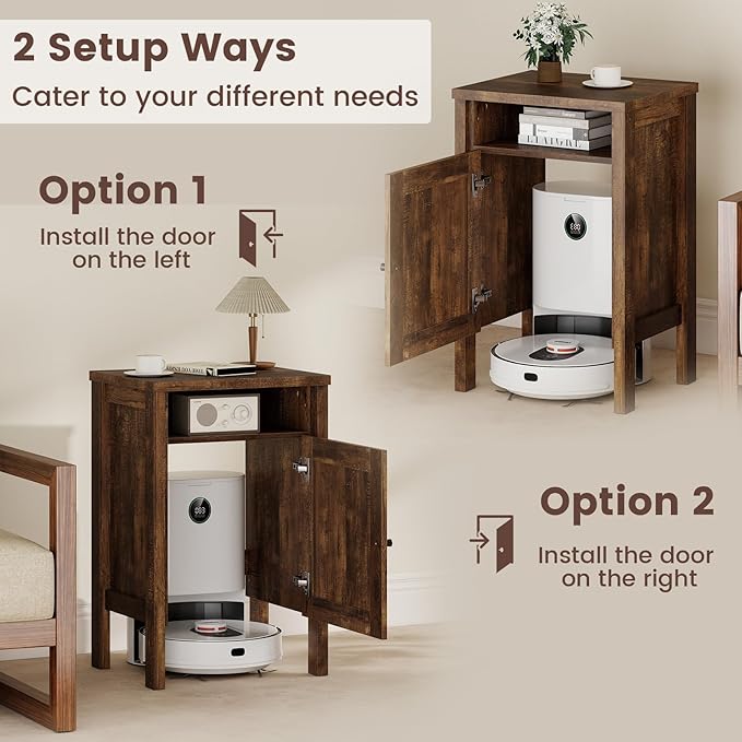 GOFLAME Robot Vacuum Storage Cabinet, Retro Sofa Side End Table with Hidden Robotic Vacuum Cleaner Storage & Open Compartment, Sweeping Robot Stand Cabinet for Living Room, Bedroom, Rustic Brown