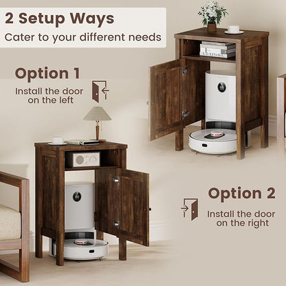 GOFLAME Robot Vacuum Storage Cabinet, Retro Sofa Side End Table with Hidden Robotic Vacuum Cleaner Storage & Open Compartment, Sweeping Robot Stand Cabinet for Living Room, Bedroom, Rustic Brown