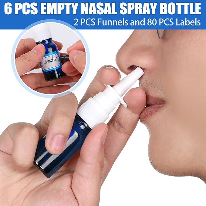 10 Pcs Nasal Spray Bottle, 10ML/0.35OZ 6 Pcs Glass Blue Refillable Fine Mist Nasal Spray Bottles Empty with 2 Pcs Funnels and 2 Pcs Labels