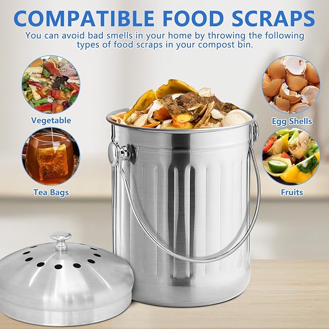 ENLOY Compost Bin & 12 Pack Compost Bin Filters Extra Thick Activated Carbon, Stainless Steel Indoor Compost Bucket with Carrying Handle 1.3 Gallon, Odor Absorbing Charcoal Filters 7.2 Inch