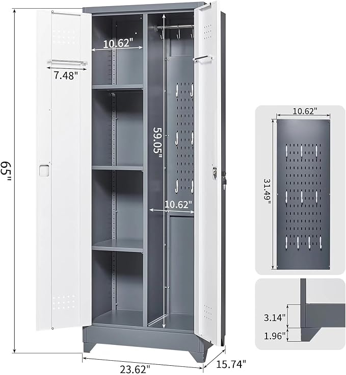 65"H Metal Broom Closet Storage Cabinet, Freestanding Garage Storage Cabinet with Hanging Rod and Locking Doors, Bathroom Storage Cabinet, Cleaning Tool Cabinet for Garage Patio Garden, Grey White