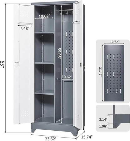 65"H Metal Broom Closet Storage Cabinet, Freestanding Garage Storage Cabinet with Hanging Rod and Locking Doors, Bathroom Storage Cabinet, Cleaning Tool Cabinet for Garage Patio Garden, Grey White