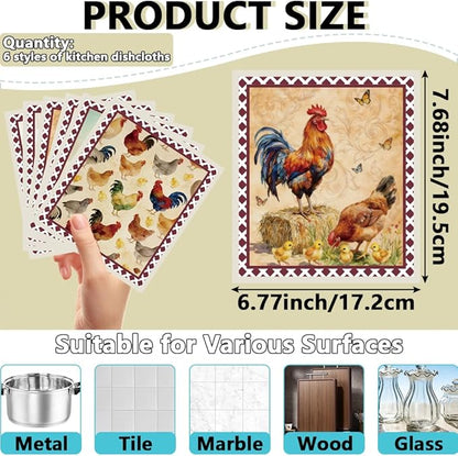 6Pcs 6 Styles Swedish Dish Cloths for Kitchen Reusable Quick Drying Sponge 7.7 x 6.8 Inch Rooster Chicken Dish Cloths Biodegradable Absorbent Towels for Home Office Countertop Tableware Use