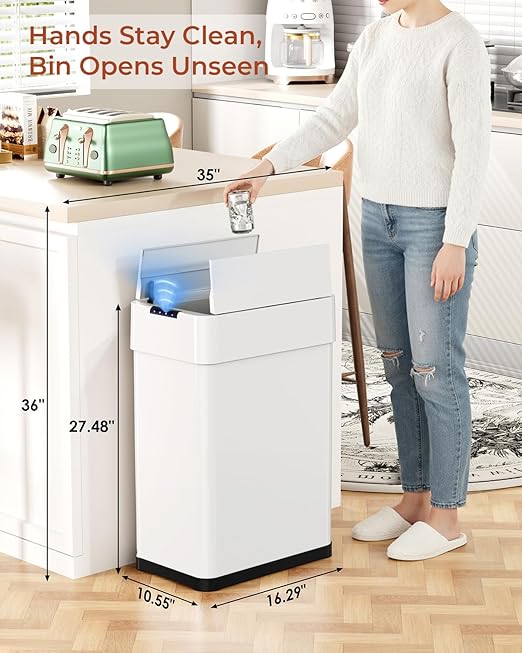TLSUNNY 16 Gallon Automatic Trash Can, Stainless Steel Motion Sensor Garbage bin, Smart Trash Can W/Butterfly Lid, Bag Retainer Ring and Display Light for Living Room,Kitchen,Office (White, 60L)