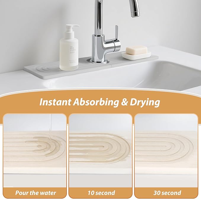 Kitchen Sink Faucet Mat, Diatomaceous Earth Quick Dry Sink Splashback Drying Mat, Kitchen Faucet Super Absorbent Mat, Quick-Drying Water Absorbing Stone Tray (Light Gray, 18.1" x 3.9")