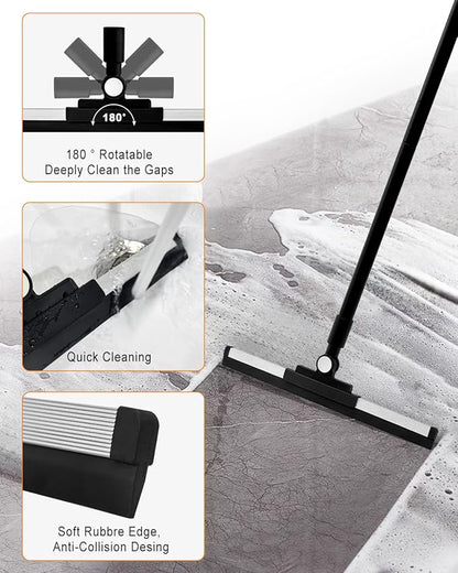 Heavy Duty Floor Squeegee for Concrete Floor– 14.2” Rubber Broom with Cloth Clip Design, 52” Extendable Window Cleaner, Squeegee Broom for Floor, Bathroom, Garage, Tile,Patio &Shower