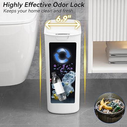 FRESHLIX Automatic Motion Sensor Bathroom Trash Can with Lid, 5 Gallon Touchless Trash Bin,Smart Electric Narrow Waterproof Garbage Bin for Toilet, Office, Bedroom, Living Room, Dorm (White