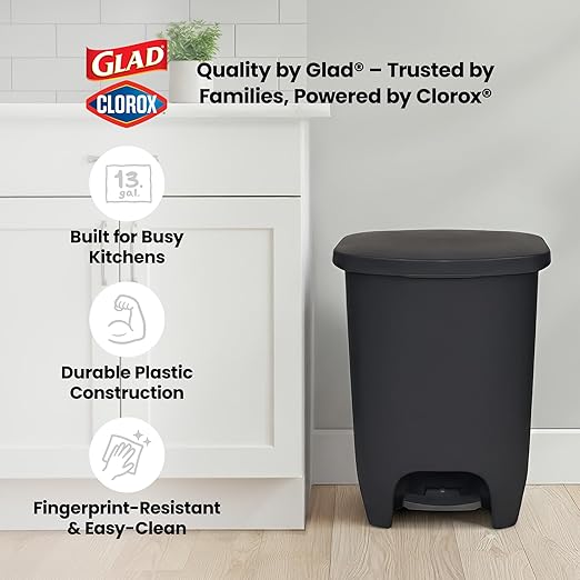 Glad 13 Gallon Trash Can with Clorox Odor Protection, 2 Pack | Plastic Kitchen Waste Bin | Hands Free with Step On Foot Pedal and Garbage Bag Rings, Charcoal