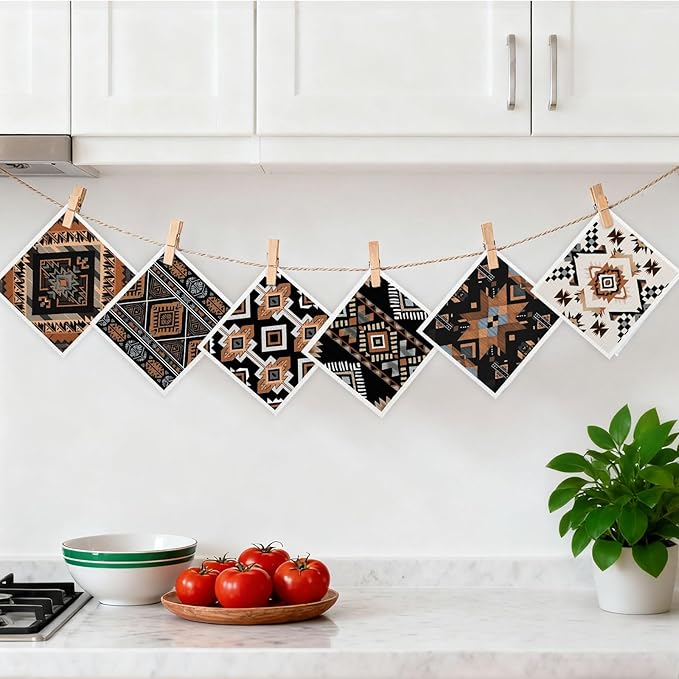 Mixed Western Aztec Swedish Kitchen Dishcloths Dish Towels 6 Pack, Aztec Dish Towels for Kitchen, Western Swedish Dishcloth, Paper Towels Reusable, Dish Cloth Towel Cleaning Wipe for Home Party