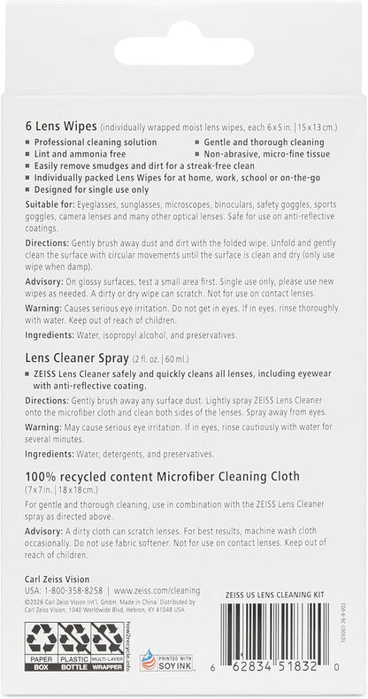 ZEISS Lens Cleaning Kit 2oz Spray + 6 lens wipes + Microfiber Cleaning Cloth