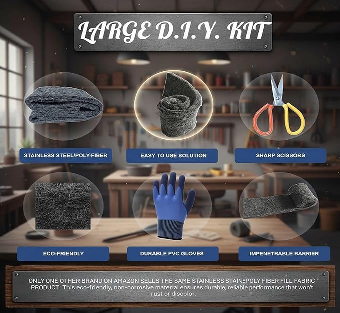 Fill Fabric Rust Proof Stainless Steel Wool Poly Fiber, Large DIY Kit, 1 4in. x 5ft. Roll, Quality Gloves, and Quality Scissors Fill Gaps/Holes