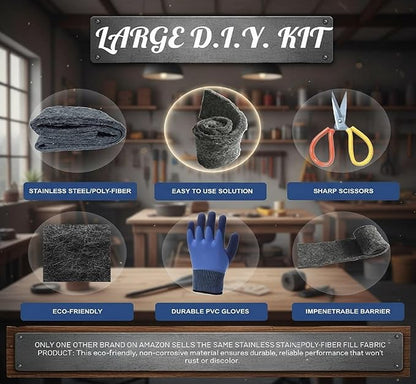 Fill Fabric Rust Proof Stainless Steel Wool Poly Fiber, Large DIY Kit, 1 4in. x 5ft. Roll, Quality Gloves, and Quality Scissors Fill Gaps/Holes
