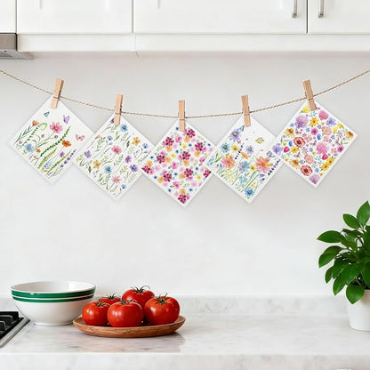 5 Pack Mixed Watercolor Flower Swedish Kitchen Dishcloths Dish Towels, Spring Floral Dish Towels for Kitchen, Swedish Dishcloth, Paper Towels Reusable, Dish Cloth Towel Cleaning Wipe for Home