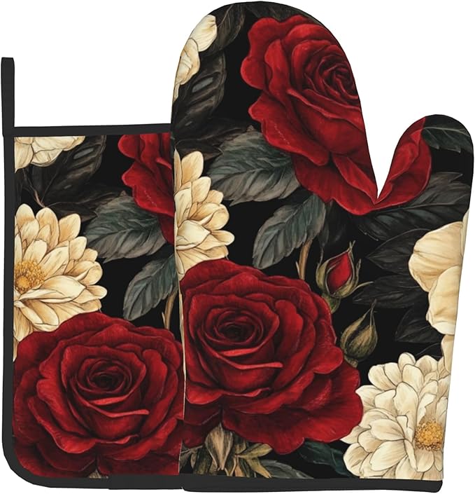 Boho Oven Mitts and Pot Holders Sets Vintage Peony Flowers Kitchen Mitts Potholders 2PCS Floral Oven Gloves Hot Pads for Kitchen Baking Cooking