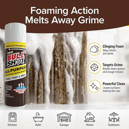 Bull Shot All-Purpose, Multi-Surface Grime Emulsifier, AS SEEN ON TV, Professional Strength Clinging Foam Cleaner; Grease, Oil, Scuff Marks, Dirt, Non-Abrasive, Kitchen, Bath, Living Areas & Outdoors
