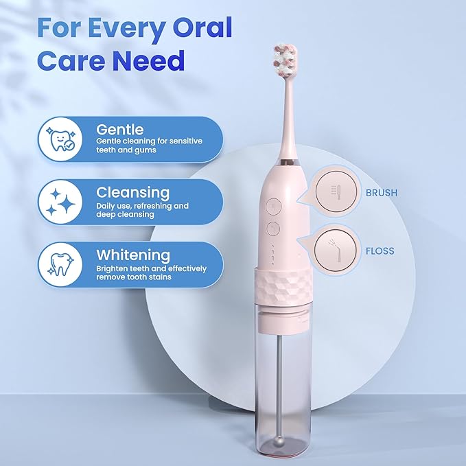 Electric Toothbrush with Water flosser, 2 in 1 Teeth Cleaning Kit, Toothbrush and Water flosser Combo, 25 - Day Battery, Travel Toothbrush with Water Bottle(Pink)