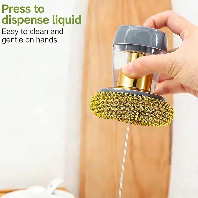 Comfort Grip Soap Dispensing Kitchen Scrub, Press-Type Dish Brush with Soap Dispenser, Replaceable Nylon Bristles, for Dishes Pots Pans Sinks Household Cleaning (1 Set)