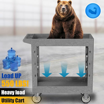 2-Shelf Heavy Duty Utility Cart with Wheels, 34 x 17-Inch Plastic Rolling Tool Cart, 550 lbs Capacity Mechanic Work Cart for Garage,Warehouse,Workshop