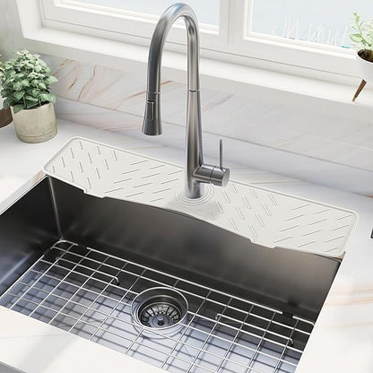 Faucet Mat for Kitchen Sink – 24” x 5.1” Extra-Long Silicone Splash Guard with 10° Slope & Upgraded Drainage – Gen 3 Sink Water Catcher & Sponge Holder for Kitchen, Bathroom (White)