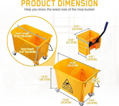 Ridgeyard 5.28 Gallon Side Press Yellow Mop Bucket with Wringer, Mop Bucket with Wringer Set for Home Use, Dirty Water Separator, 11x16.92x27.55 Inch