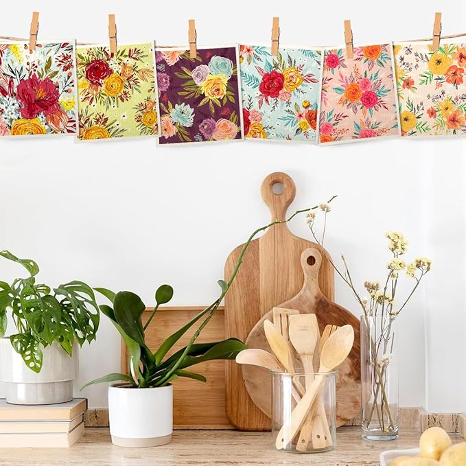Swedish Dishcloths for Kitchen | 6 Pack Floral Reusable Paper Towels Washable | Swedish Dish Towels | Non-Scratch Cellulose Sponge Cloths | No Odor, Biodegradable Cleaning Cloths, Flowers