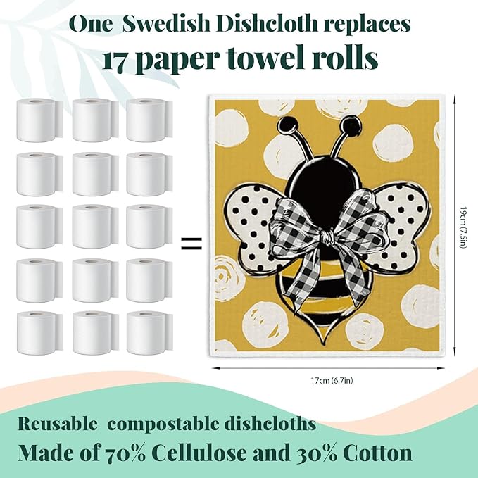 Bee Summer Yellow Swedish Dishcloths for Kitchen, Swedish Dish Cloths for Bee Happy, Papaya Reusable Paper Towels, 4 Pack Dish Towels for Kitchen, Papaya Reusable Paper Towels Washable