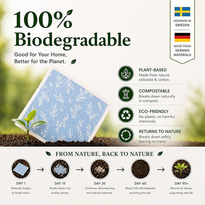 10 PCS Leaf Print Swedish Dishcloths for Kitchen 100% Biodegradable Reusable Cellulose Sponge Cloths Ultra Absorbent, Eco-Friendly Cleaning Towels Dishcloths for Washing Dishes & General Cleaning