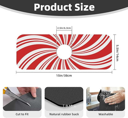 Red And White Candy Swirl Stripe Striped Mint Sugar Candy Cane Themed Kitchen Sink Splash Guard Faucet Mat Super Fast Drying Mat Sink Gadgets-Fast Drying Pad Sink Mat For Kitchen (15" X 5.5" )