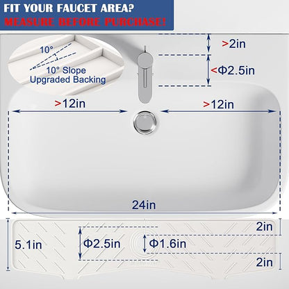Faucet Mat for Kitchen Sink – 24” x 5.1” Extra-Long Silicone Splash Guard with 10° Slope & Upgraded Drainage – Gen 3 Sink Water Catcher & Sponge Holder for Kitchen, Bathroom (White)