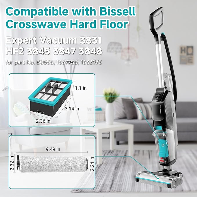 3831 Roller Brush & Filter Replacement Compatible with Bissell Crosswave Hard Floor Expert 3831, HF2 3845N Vacuum, Floor Scrubber Wet Dry Vacuum Accessory Kit 2 Brush Rolls, 2 Filter Parts