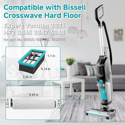 3831 Roller Brush & Filter Replacement Compatible with Bissell Crosswave Hard Floor Expert 3831, HF2 3845N Vacuum, Floor Scrubber Wet Dry Vacuum Accessory Kit 2 Brush Rolls, 2 Filter Parts