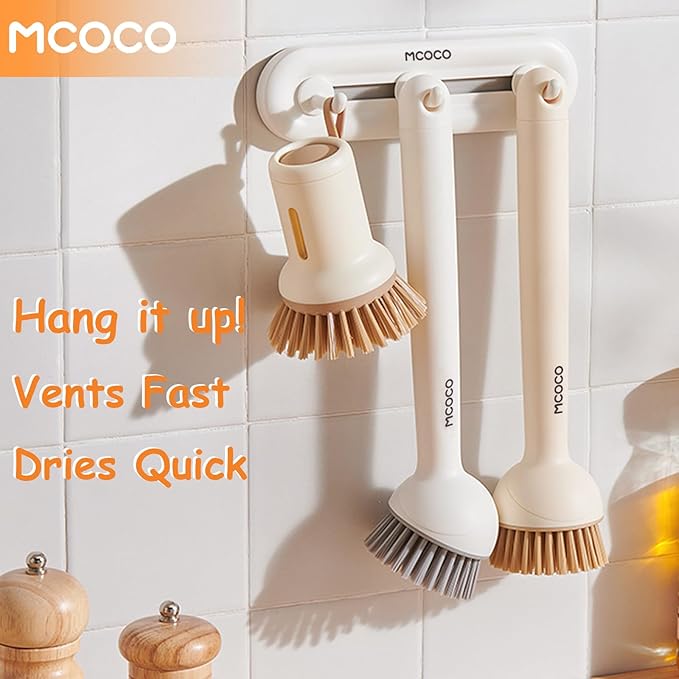 Dish Brush Set with Soap Dispensing Palm Brush Dish Scrub Brush with Soap Dispenser Palm Dish Brush Kitchen Cleaning Brush with Ergonomic Long Handle for Cleaning Sink, Pot, Pan, Stove, White