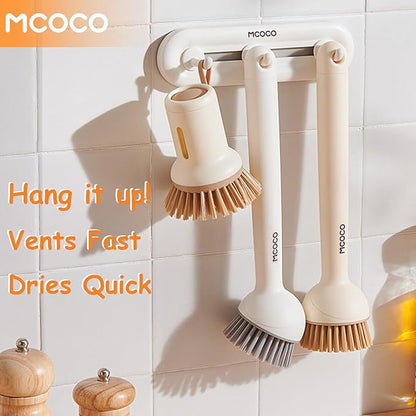 Dish Brush Set with Soap Dispensing Palm Brush Dish Scrub Brush with Soap Dispenser Palm Dish Brush Kitchen Cleaning Brush with Ergonomic Long Handle for Cleaning Sink, Pot, Pan, Stove, Yellow